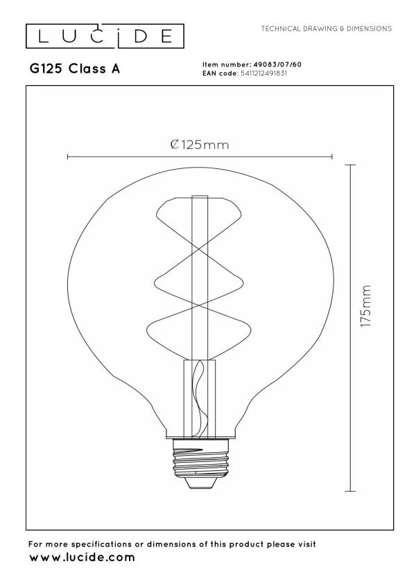 Lucide G125 Class A - Filament bulb - Ø 12,5 cm - LED - E27 - 1x7W 2700K - Transparant - technical
